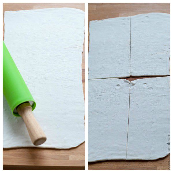 Раскатываем тесто в виде прямоугольника, разрезаем на 4 равные части