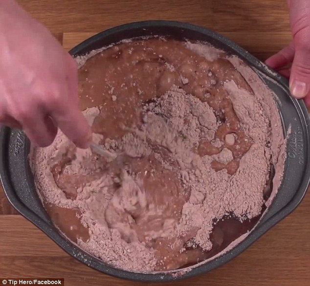 Short sweet: The man then bakes it in the oven at 350 degrees Fahrenheit for 35 minutes