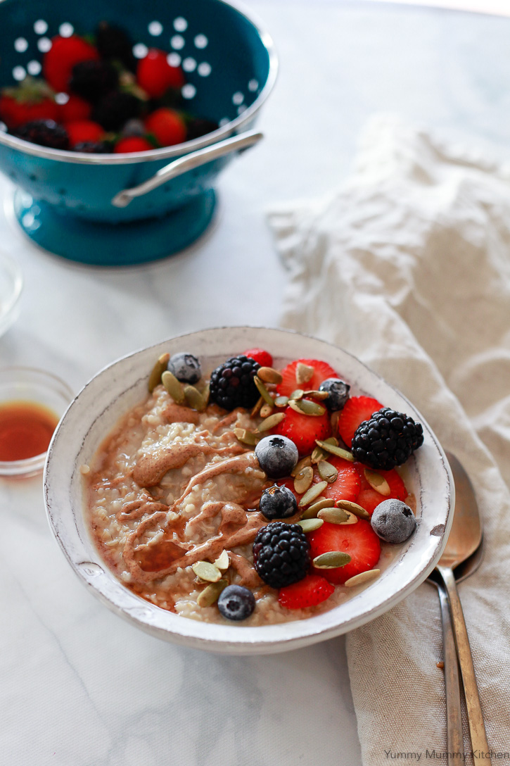 This bowl of steel cut oats was made in the slow cooker and topped with fresh berries. 