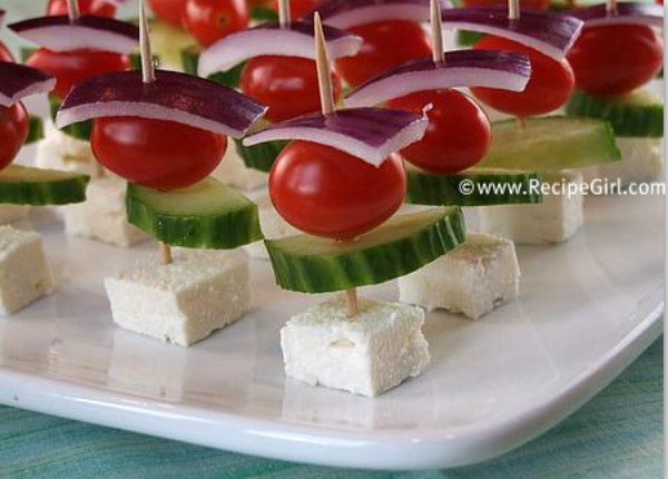 Easy Greek Appetizer Skewers - recipe from RecipeGirl.com