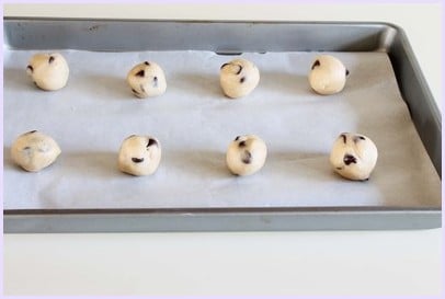 Eggless Chocolate Chip Cookies (BEST Eggless Cookies) make balls and arrange on cookie sheet
